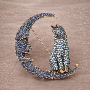 Moon Cat Crystal Blue Brooch